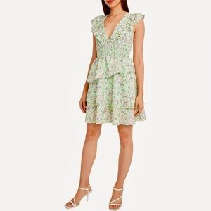 BCBGeneration Floral Smocked Waist Fit and Flate Tiered Ruffle Mini Dress Size S